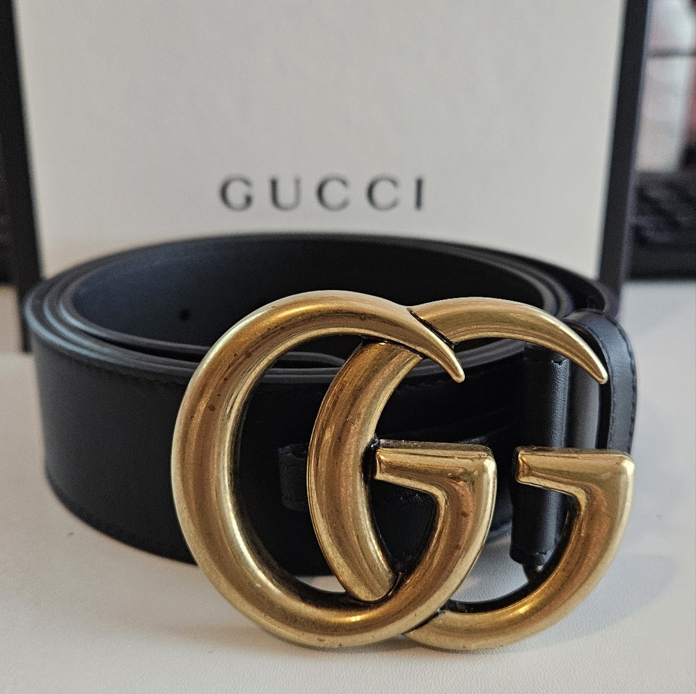 GUCCI GG Marmont Black Gold Buckle Wide Belt Size 38 / 95